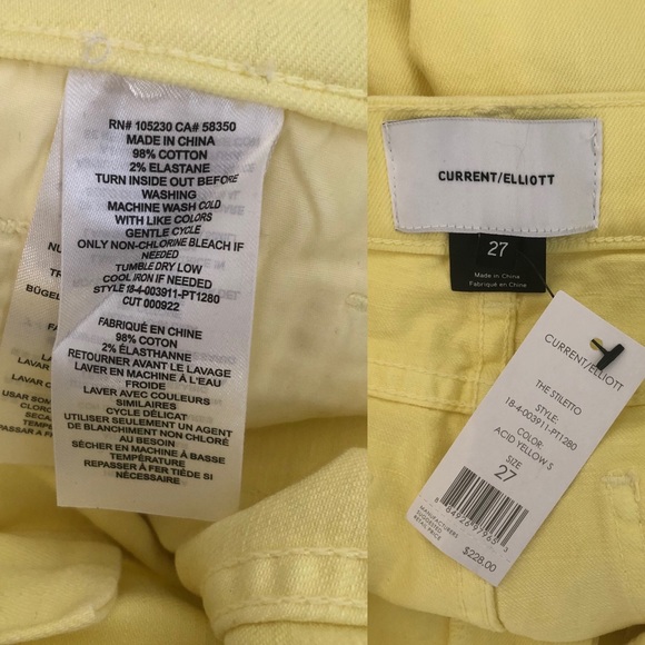 NEW Current/Elliott The Stiletto Jeans in Acid Yellow shade Size 27 - Picture 4 of 8